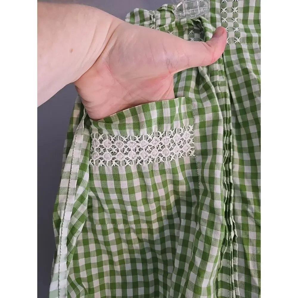 Vintage Green White Gingham Embroidered‎ Grannycore Half Apron Womans One Size